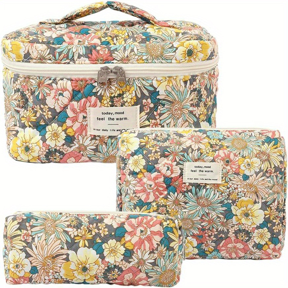 Temu – TEMU 3pcs Quilted Makeup Bag Set, Floral Makeup Bag, Cute Makeup Bag, Travel Makeup Bag, Large Toiletry Cosmetic Bag Makeup Bag Organizer For Women