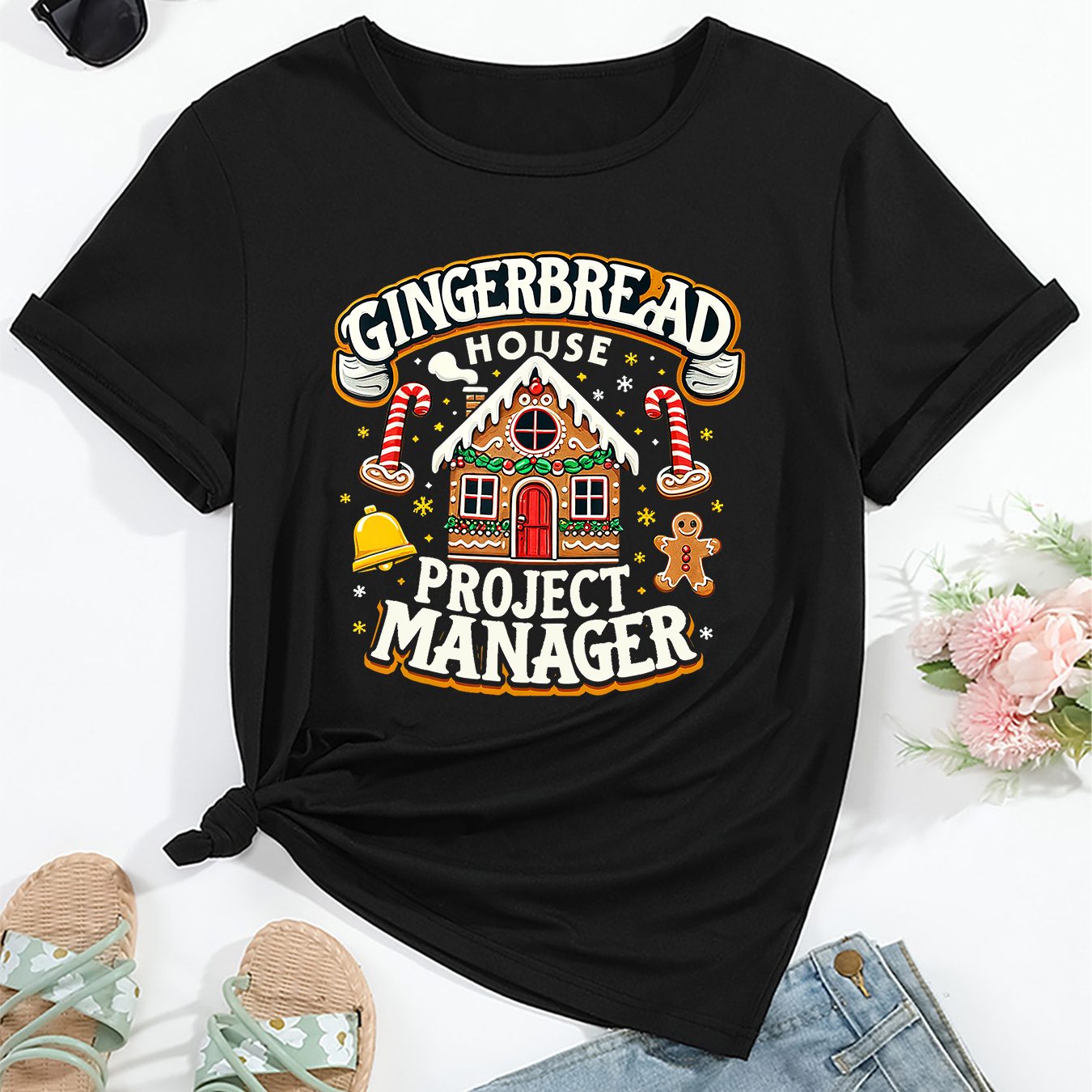 

Women's Christmas Gingerbread House Project T-shirt, Casual Round Neck, Short Sleeve, Knit Fabric, Polyester, Cartoon Print, , Regular Fit