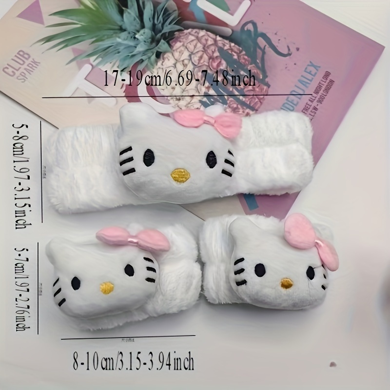 

3pcs Sanrio Hello Kitty Plush Headbands Set - Cute, Non-slip Hair Bands For Makeup, Face Washing & Spa Days