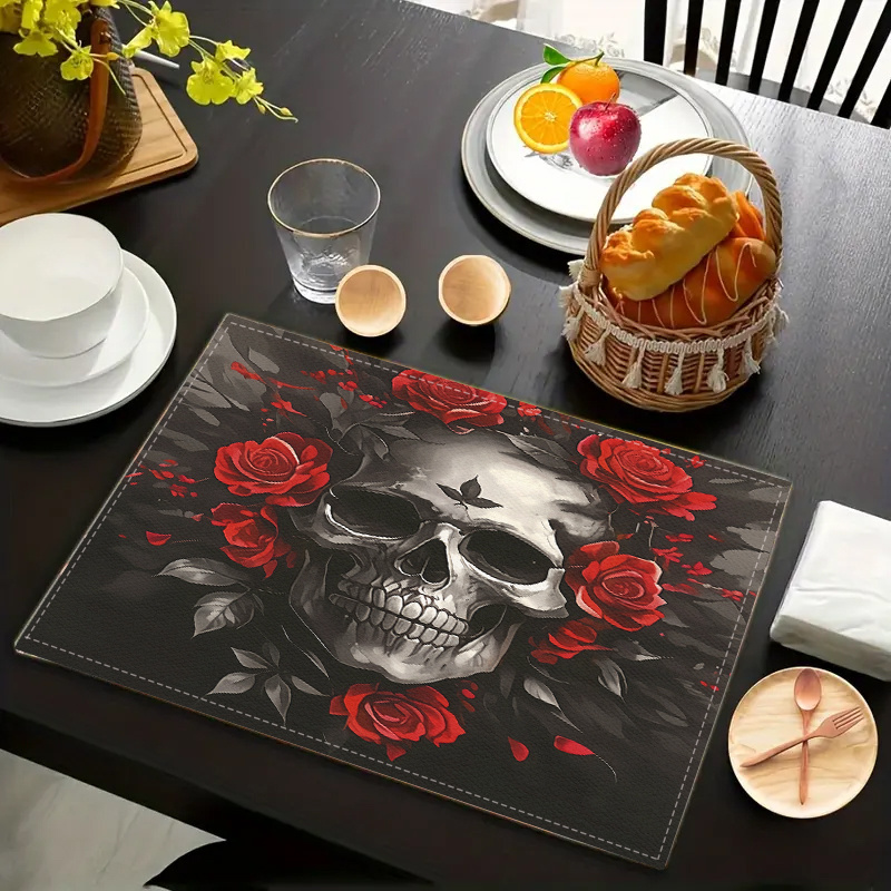 

Woven Linen Placemats 2/4pcs - Dia De Los Muertos Sugar Print, Washable Table Mats For Dust Protection, Home Kitchen Dining Decor, Party Accessory - Rectangle Shape, Linen Cover Material