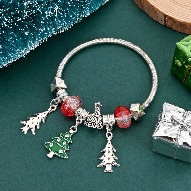 

Christmas Themed Alloy Bangle Bracelet With Tree & Bell Charms - Fashionable Holiday Gift Accessory For Men And Women