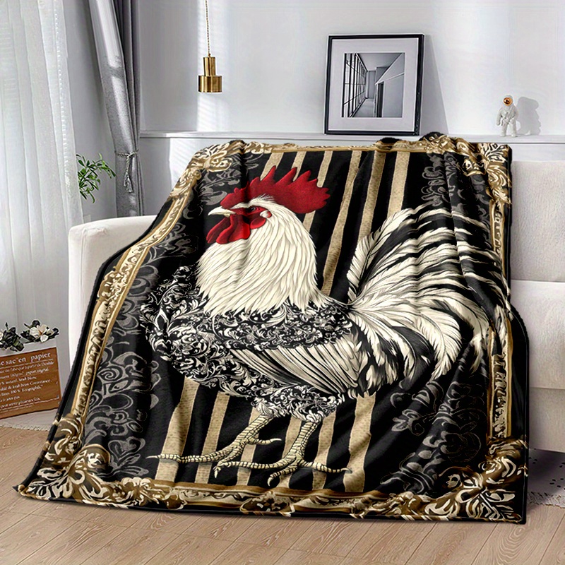 

Vintage Rooster-themed Flannel Throw Blanket – Lightweight Polyester Knit For Sofa, Bed, Couch, Travel – Decorative Animal Pattern With Floral Accents, Soft And Cozy