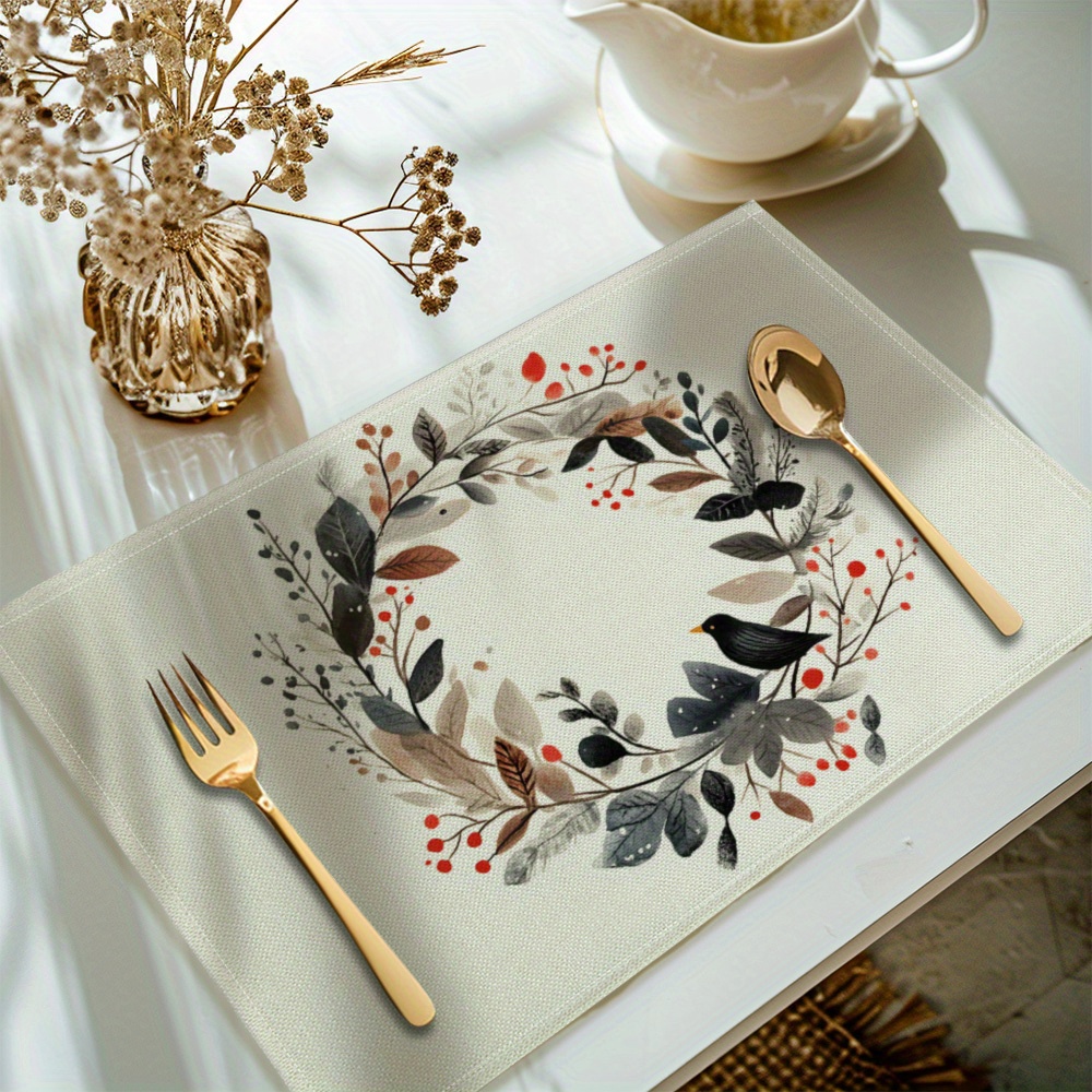 

[] 4pcs, Christmas Wreath Printed Placemats, Set Of 4 Table , Washable Placemats For Kitchen Dining Table Decoration