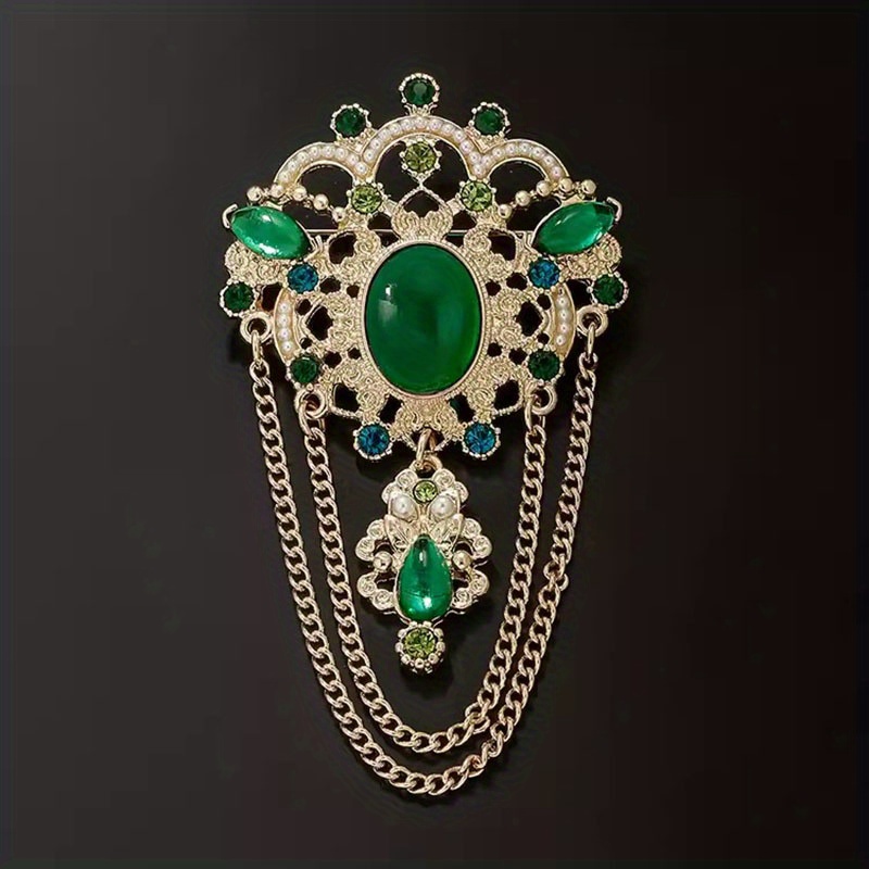 Vintage-inspired Emerald Tassel Brooch Pin - Luxurious Style with & Teardrop Gemstones, Women’s Suits, Dresses, and High-end Fashion Accessories, Suit | Ornate Design | Emerald Gemstone | Today's Deals