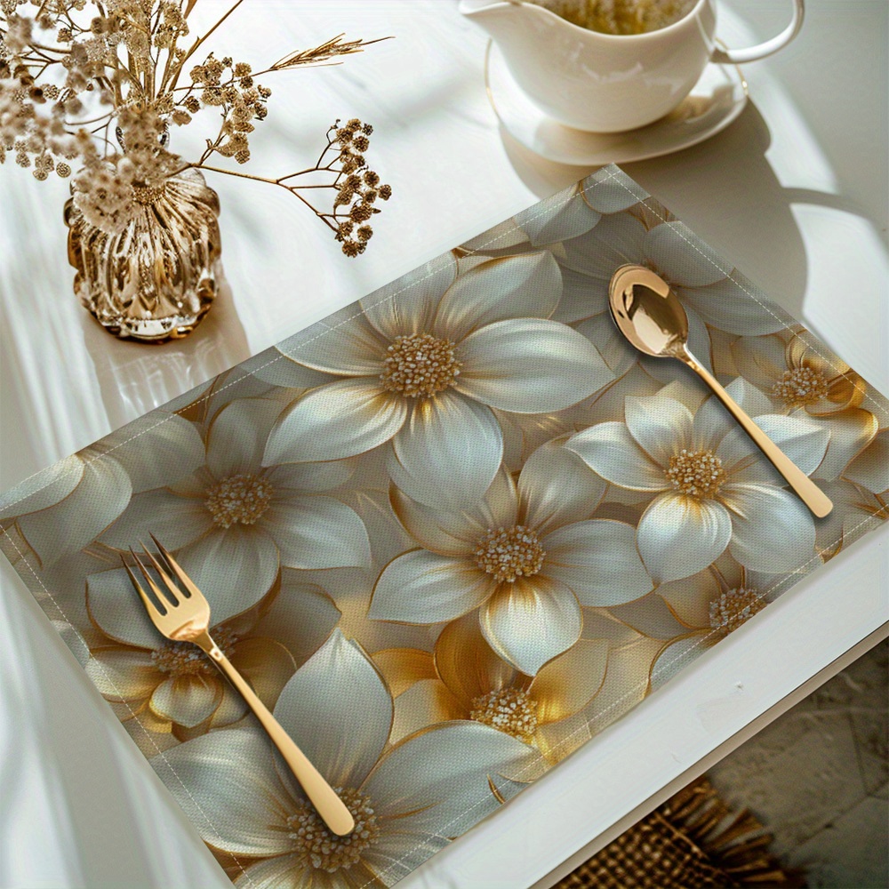 

4-piece White Floral Printed Polyester Placemats - Machine Washable, Woven Rectangle Table Mats For Kitchen Dining Decor