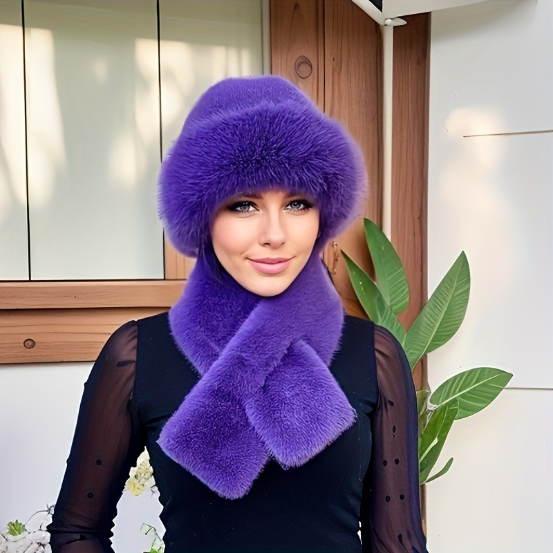 

2pcs Set Of Thick And Warm Fur Hats And Scarves, Polyester Knitted Winter Ear-warming Hats With Button Opening And Closing, Fashionable Mongolian Style Hats, Plain Color Hand-wash - Autumn And Winter