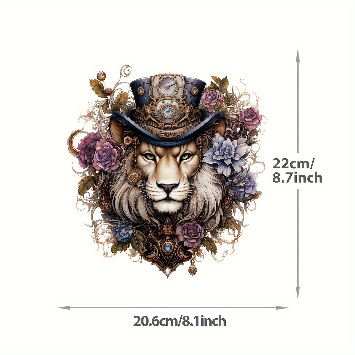 Lion Heat Transfer Sticker, Gentleman Animal Clock Top Hat Flower Iron-on Applique, For Bags, T-shirts, Pajamas