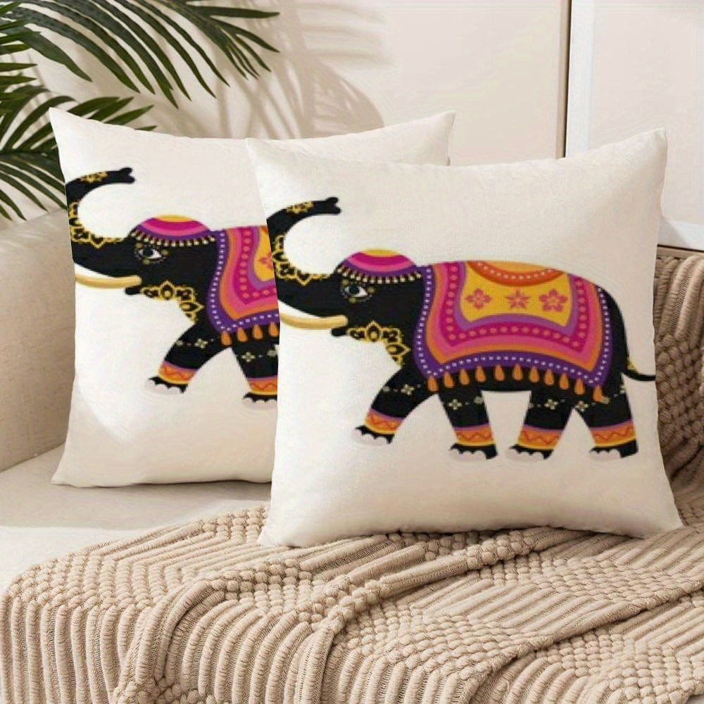 

2 Pcs Diwali Elephant Decorative Square Pillow Cases - Short Plush Pillow Case Set For Sofa, Living Room, Or Outdoor - Asian , Zipper Closure, Machine Washable, Polyester Cover