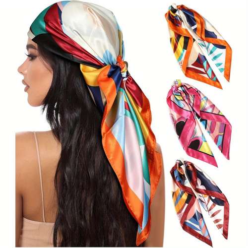 4 Pack Silk Feeling Scarves - 27.5" Square Satin Head Scarf For Women, Hair Wrap, Bandana