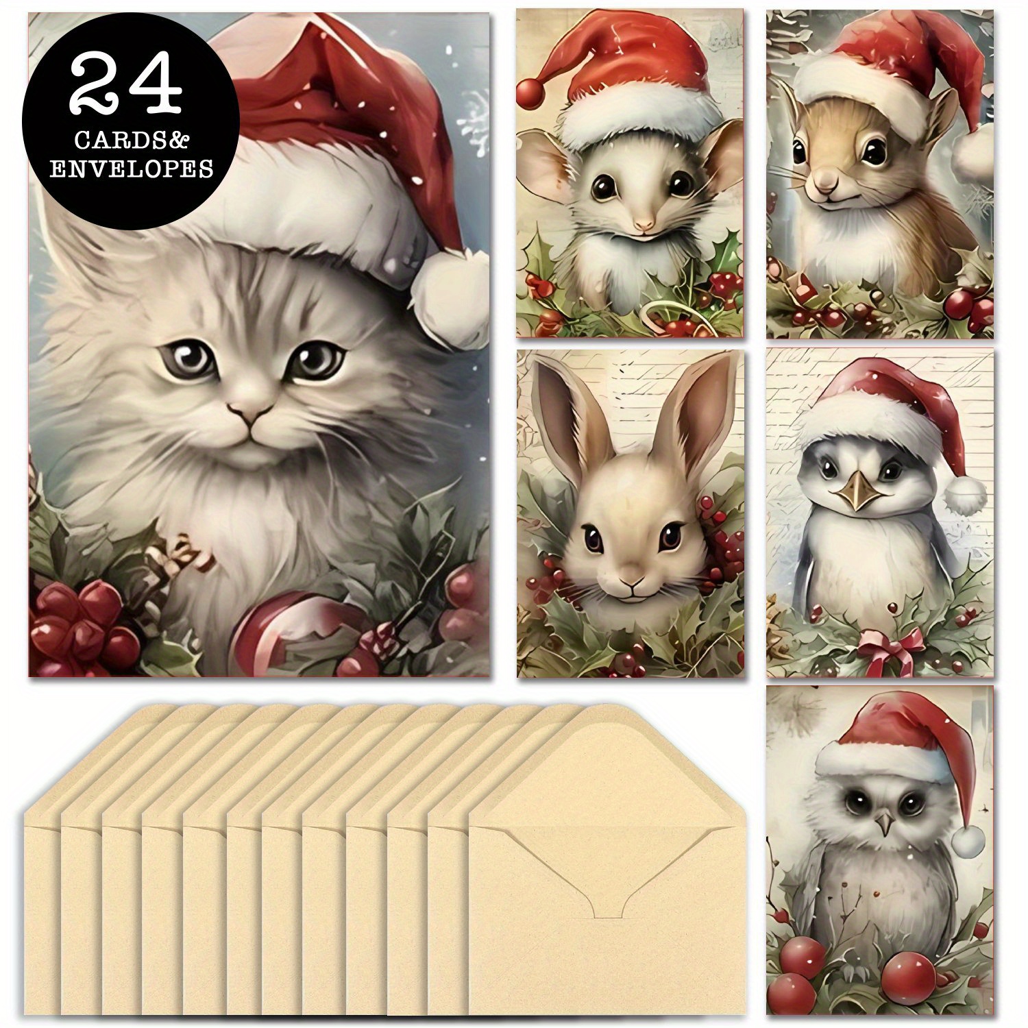 

24pcs Vintage Christmas Card Set With Envelopes - Cat & , Family, And Colleagues - Holidays, Birthdays, Thanksgiving, And Small Businesses