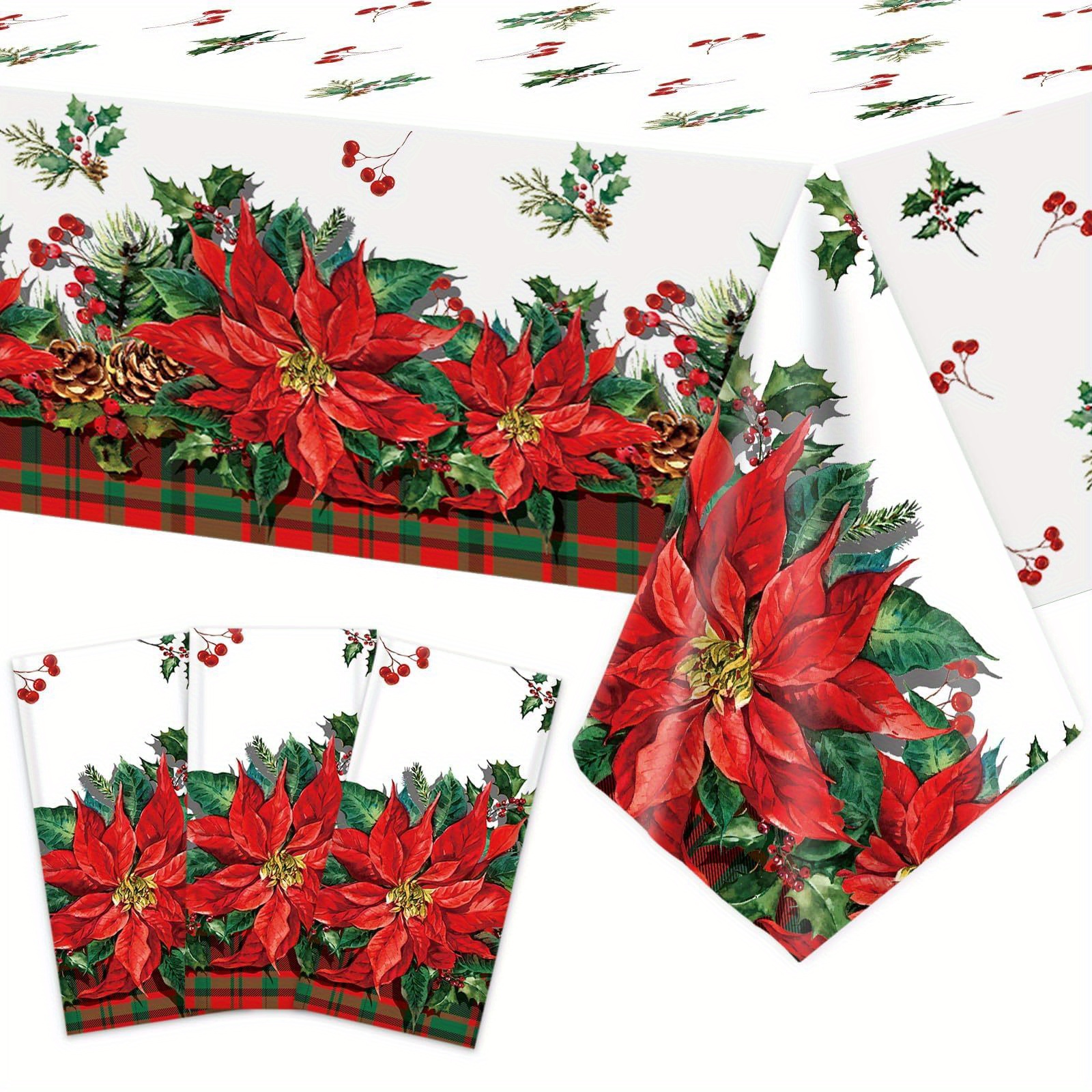 

3pcs Festive Poinsettia & Disposable Tablecloths - Christmas Party Decorations, Red & Green