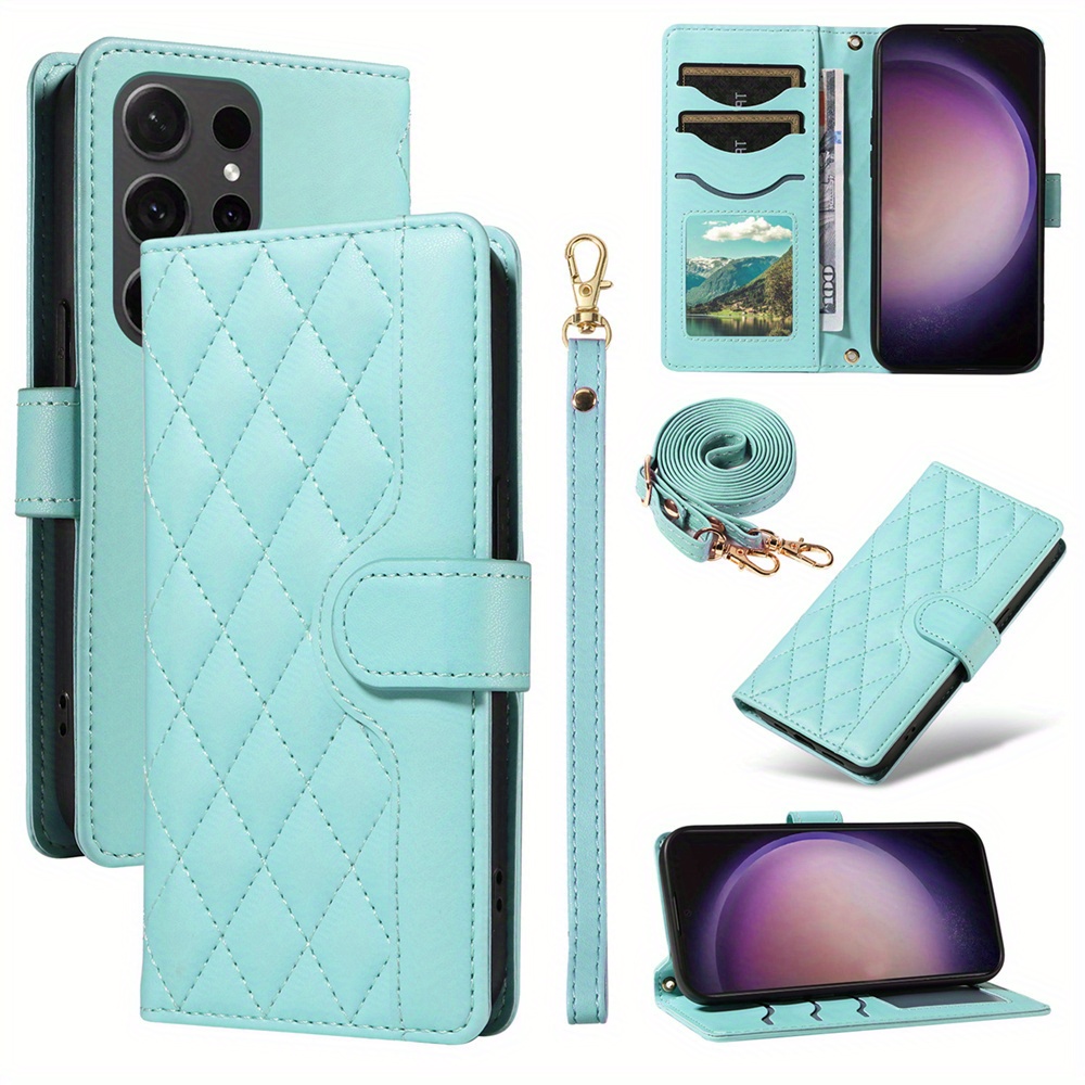 

Kt Small Checkered Leather Case S24/s23/s22/s21/s20 Ultra/s24 Fe/s23 Fe Note 8/9/10/20 Ultra S24 Plus Wallet Cover For Women, With Card Slot, Stand Protective Handbag Shock-resistant Tpu Case