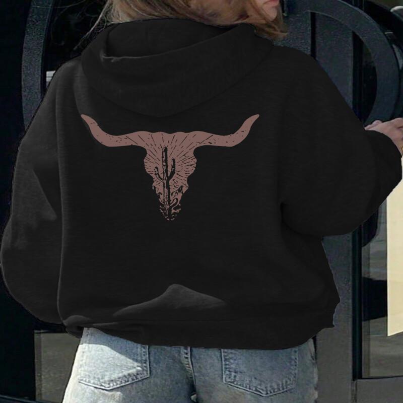 

Women's Western Cowboy Print Hoodie - Casual Long Sleeve Black Sweatshirt With Bull Skull Design, Machine Washable, Polyester, Western Hoodies