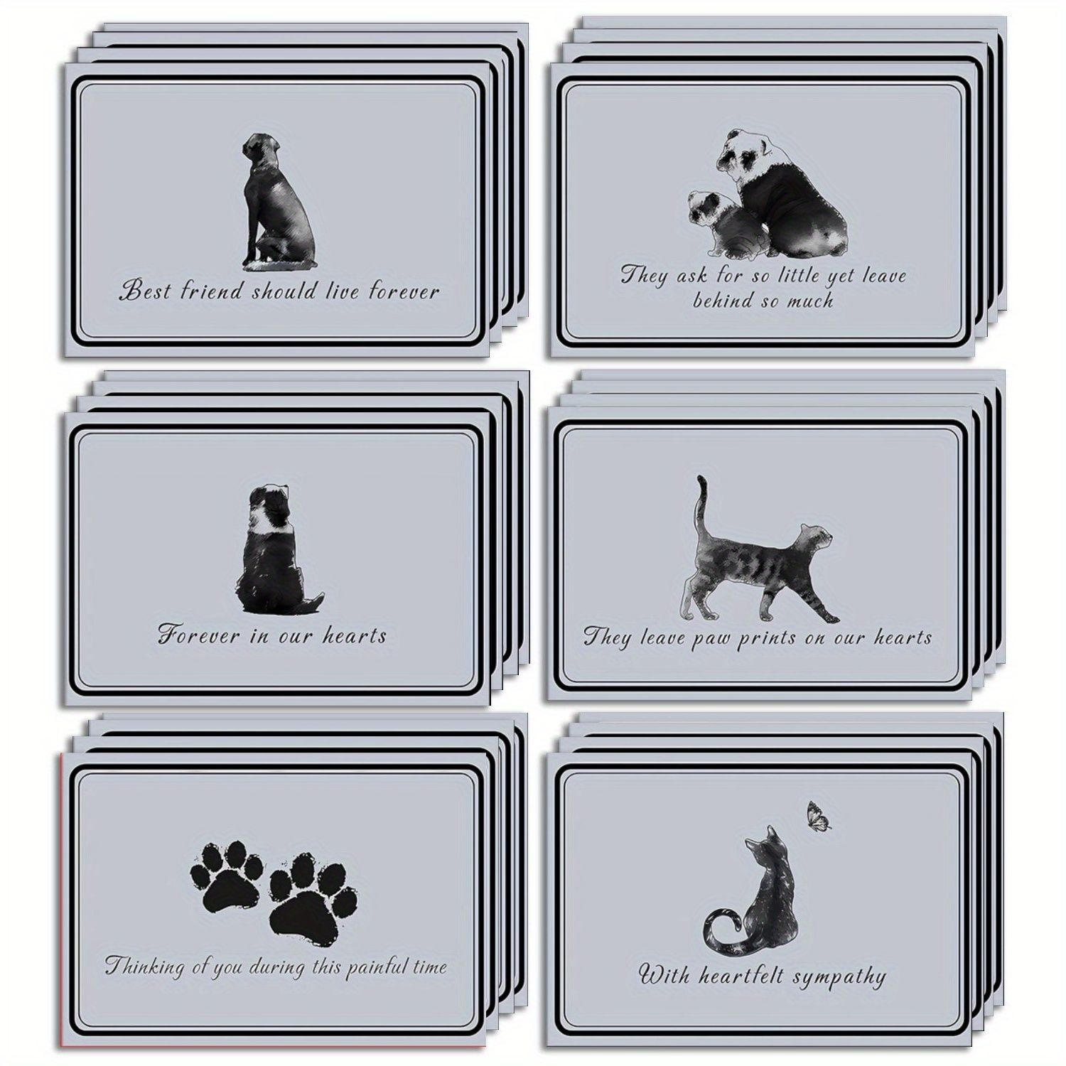 

24-pack Pet Sympathy Blank Greeting Cards With Envelopes, Mixed Colors, Paper, 6 Designs, Messages For Pet Lovers, Halloween, Christmas, Thanksgiving Gifts