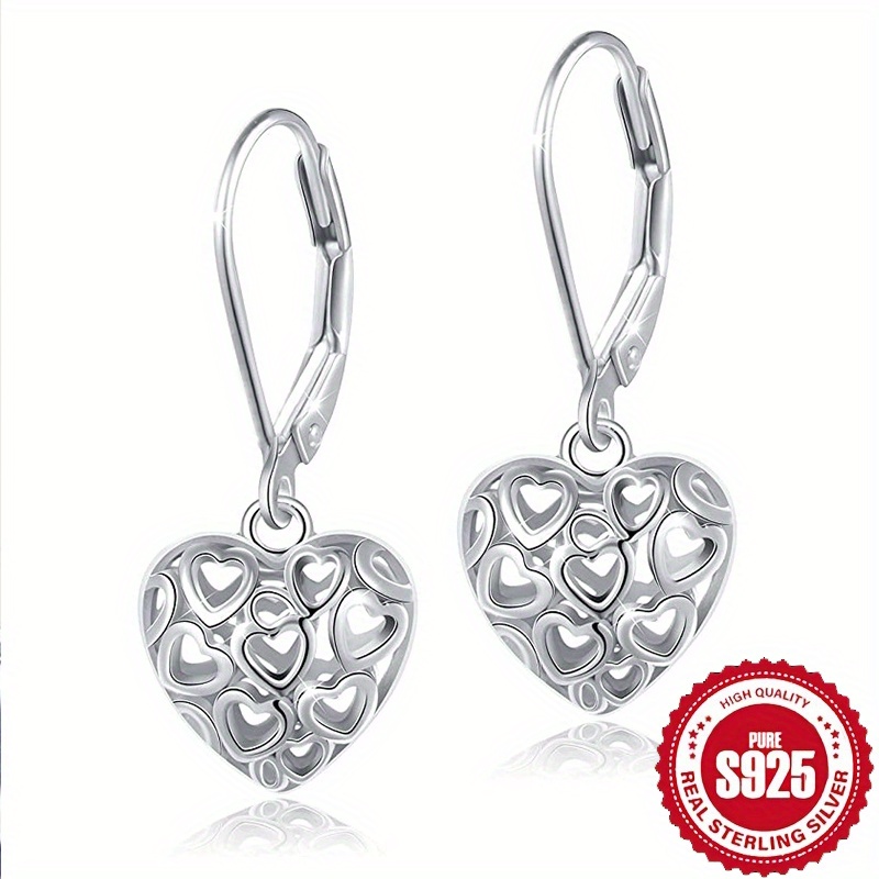 

1pair S925 Silver Heart Dangle Drop Clasp Back Earrings, Elegant Fashionable Jewelry, With Gift Box, Suitable Party, Gifts, Festival, Wedding