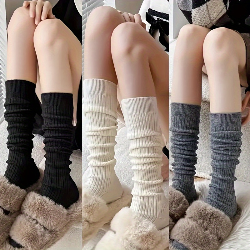 

3 Pairs Women's Knit Calf Socks - Polyester 100%, Solid Color, Knee-length, Stretchy, Warm, For Autumn And Winter