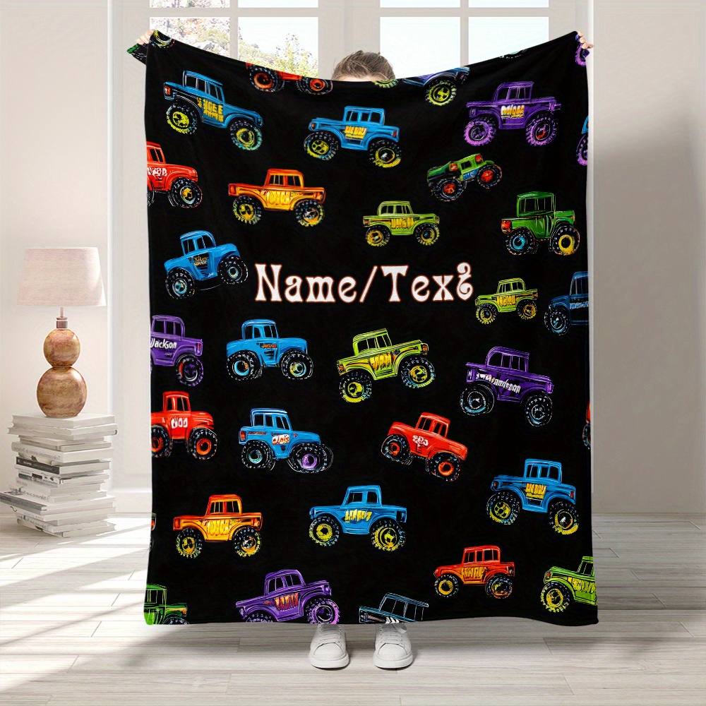 

Custom Name Truck Print Fleece Blanket - Plain Weave Polyester Throw For Sofa, Bed, Travel, Camping, Office - Machine Washable, Uncharged, Lightweight Flannel Blanket With Personalized Name/text