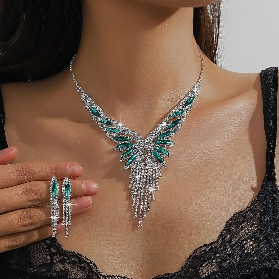 TEMU Conjunto de Joyería de Borlas de Cristal de Lujo con Pedrería y Gemas Verdes de 3 Piezas - Diseño Elegante y Exquisito, Brillantes, Construcción