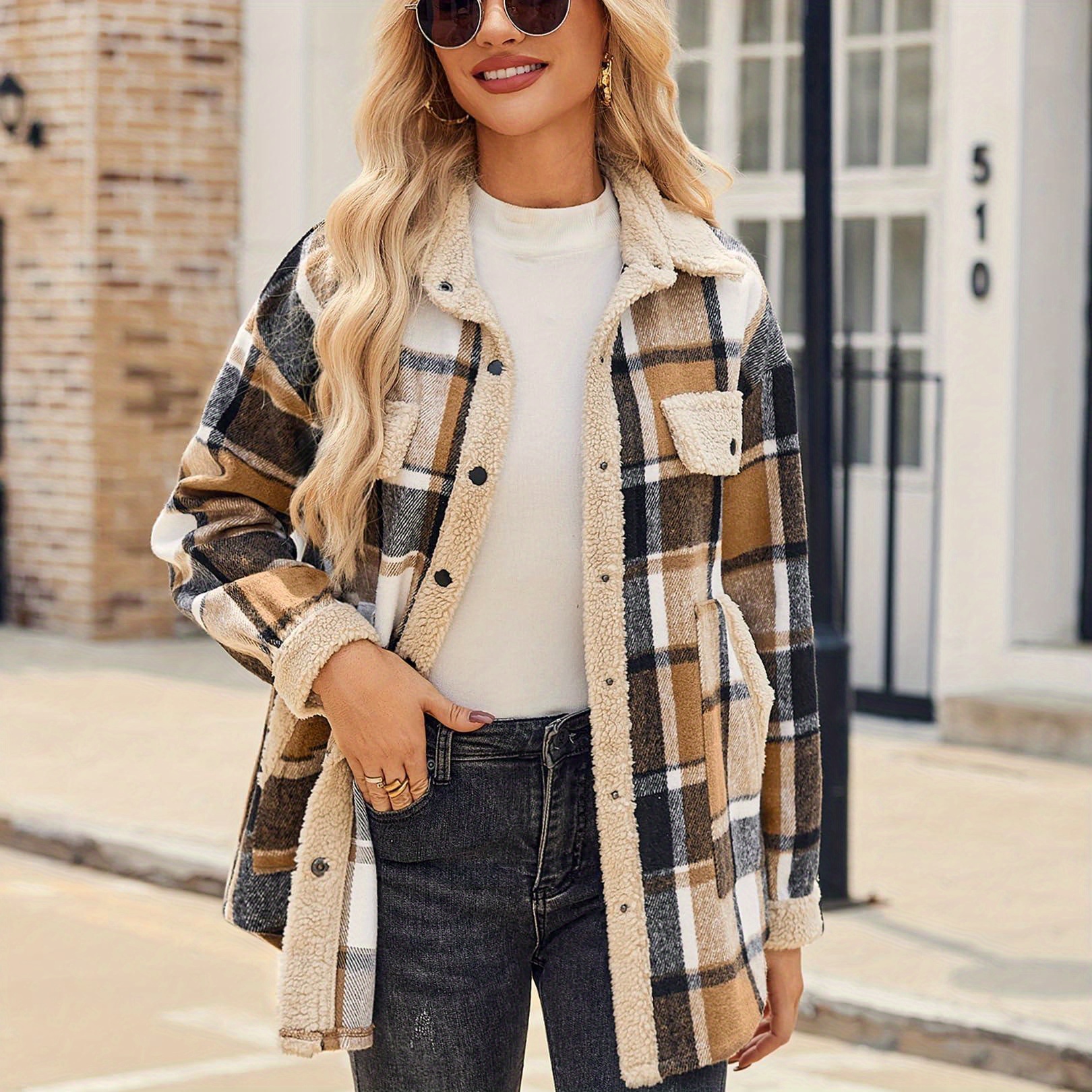 

Womens Flannel Plaid Shirts Jackets Long Sleeve Button Down Collared Fleece Shackets Winter Coats With Pockets