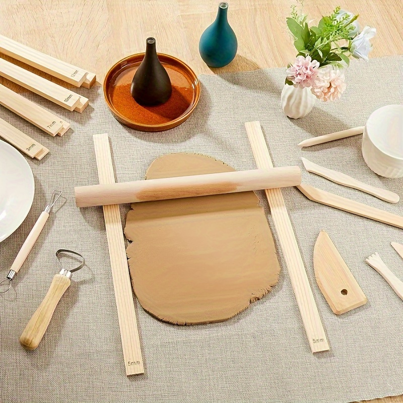 

10-piece Wooden Rolling Pin Set For Ceramics & Pottery, Uncharged Polymer Clay Thickness Strips With 5 Sizes, Slab Rollers & Hand Building Tools For Crafting