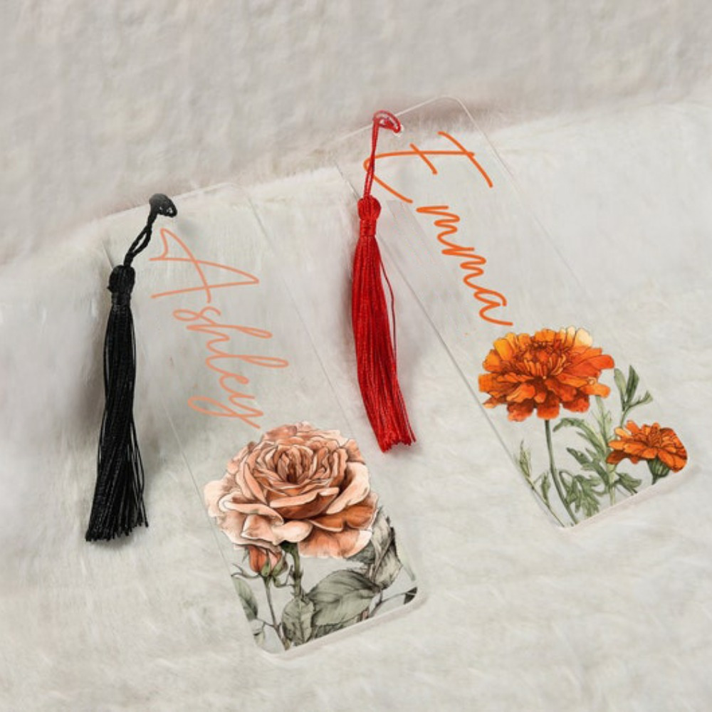 

Personalized Birth Flower Bookmark With Tassel - Transparent Floral Page Marker, Perfect Gift For Her Or Grandma, Ideal For Halloween & Christmas Stocking Stuffers