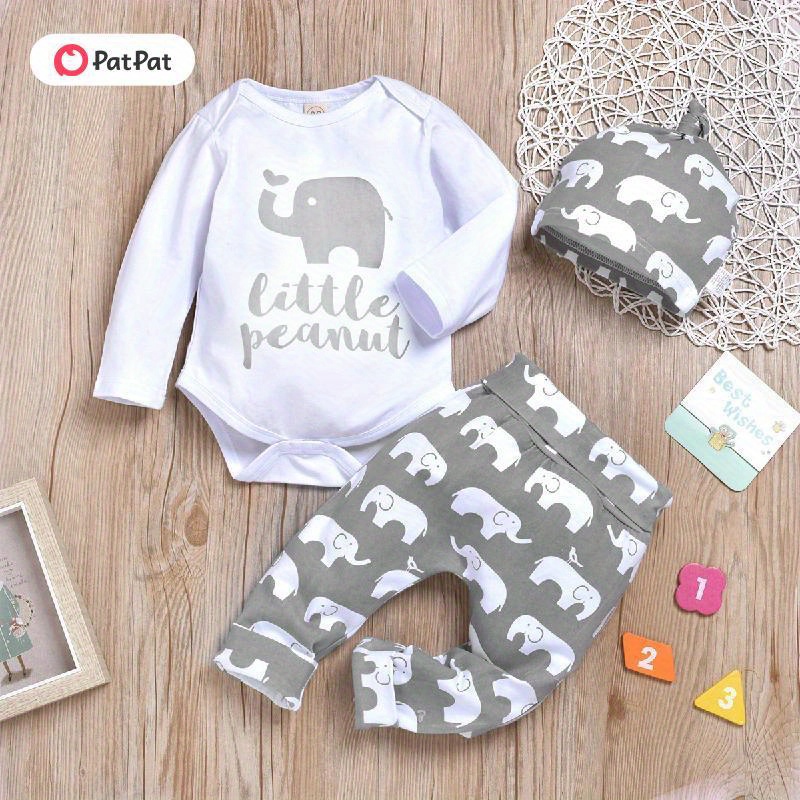 

Patpat 3pcs Baby/toddler Boy/girl Cotton Long-sleeve Elephant & Letter Print Romper And Pants & Headband Fall Set