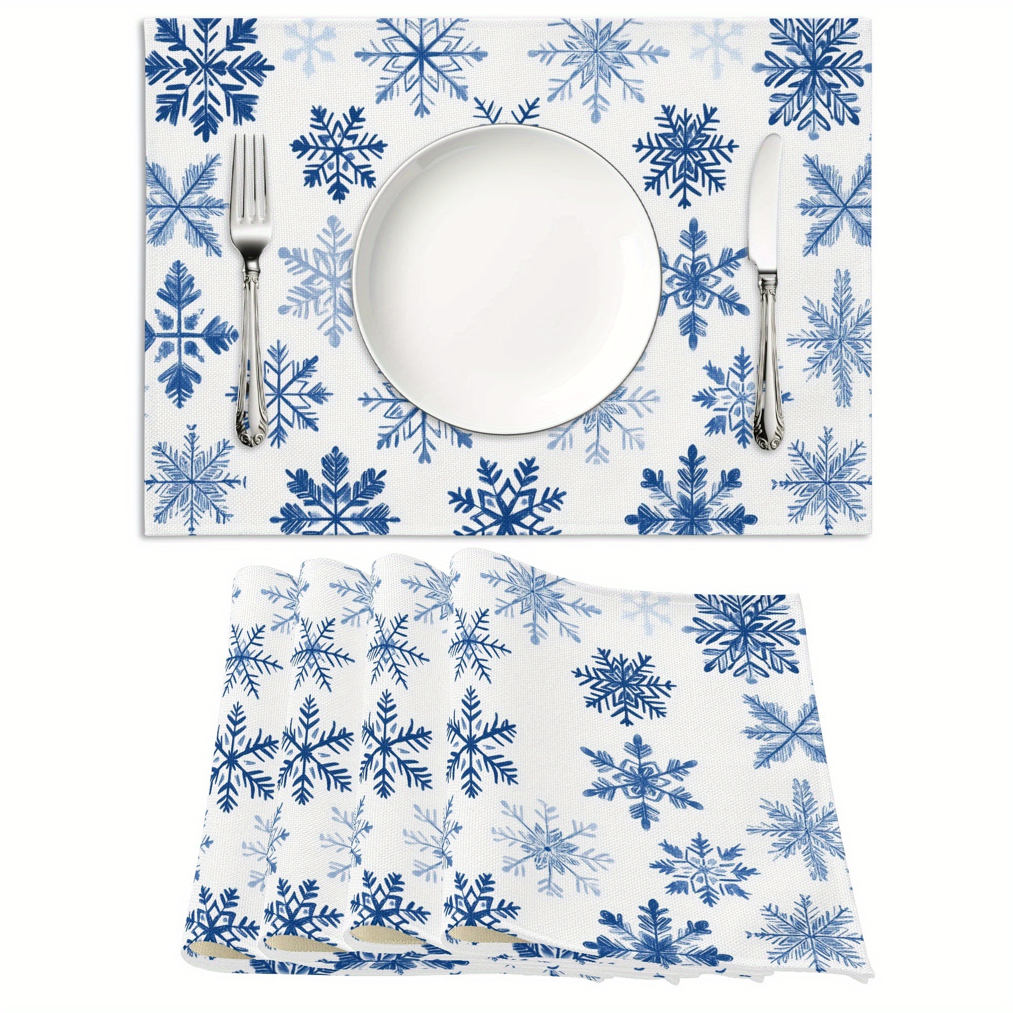 

4-pack Merry Christmas Table Mats, 12"x18" Polyester Placemats With Blue Snowflakes, Round, Only, For Home Kitchen Dining, Decor