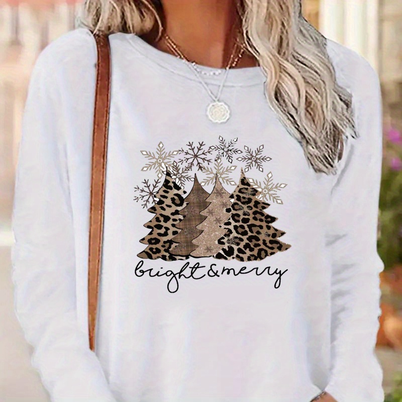 

Women's Long Sleeve Christmas Print T-shirt, 100% Polyester Knit Fabric, Casual Crew Neck, Regular Length, Holiday Graphic Tee For