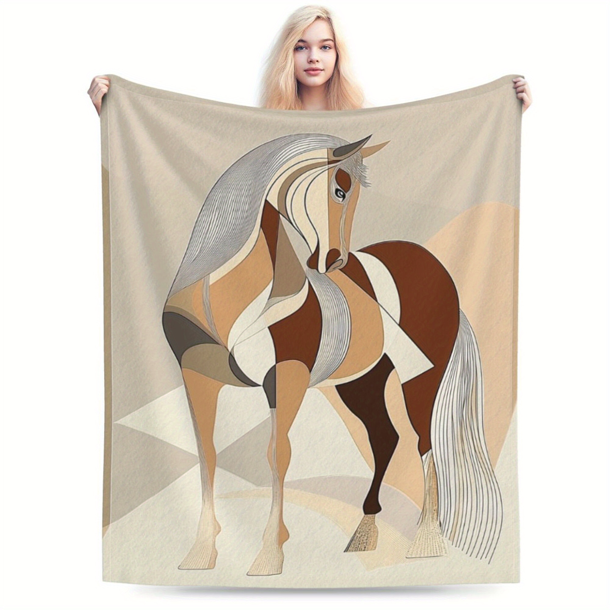 

Geometric Tri-color Horse Throw Blanket, Flannel Fleece, Animal Pattern, Contemporary , Nap, Travel Blanket, Multi-use Decorative Throw For Living Room – Polyester 100%