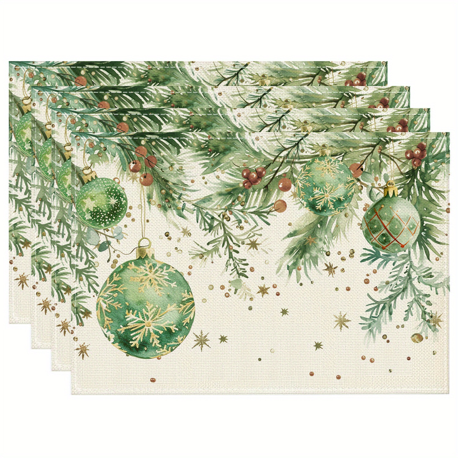 

Set Of 4 Christmas Greenery Place Mats, 30x45cm, Hand Wash Only, Woven Polyester Rectangular Table Mats With Festive Christmas Ornaments Design