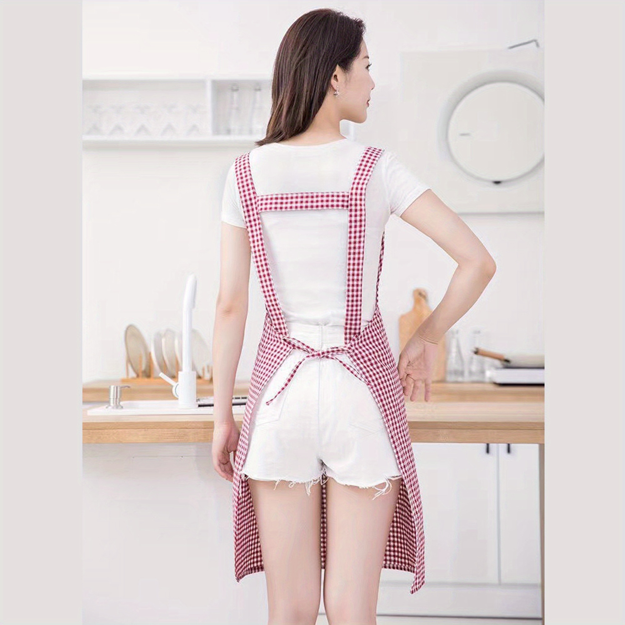 cotton linen apron red white checkered pattern - Temu