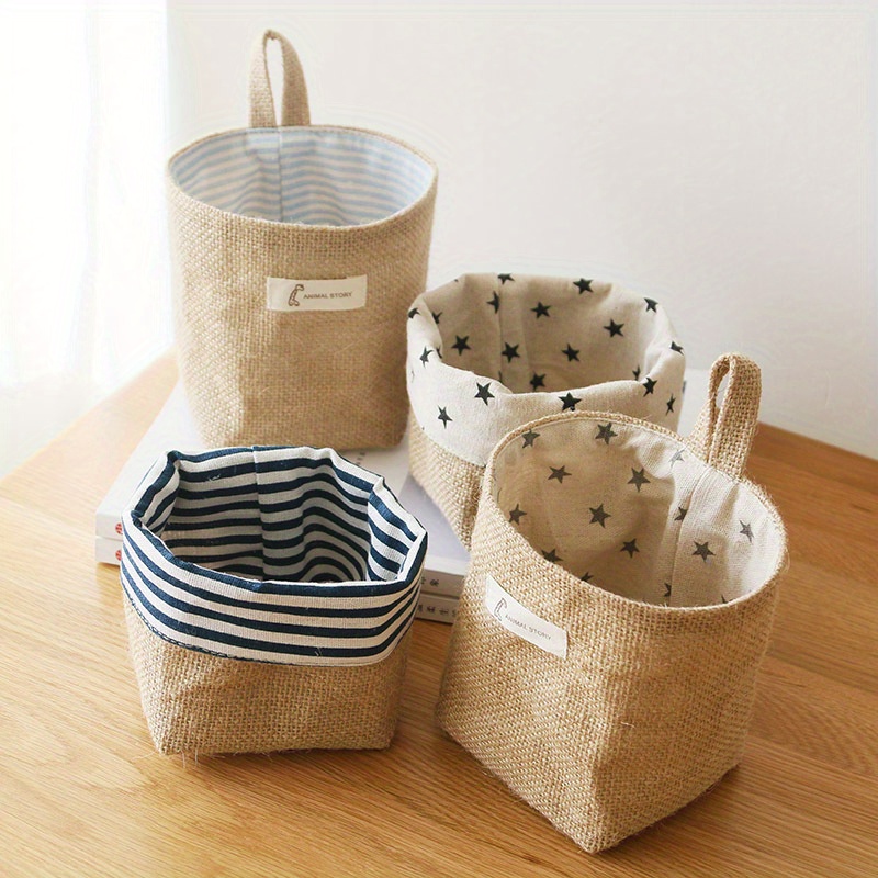 

4pack Mini Hanging Storage Bag Cotton Linen Decorative Basket Organizer Collapsible Box Bin Bags For Wall Door Closet