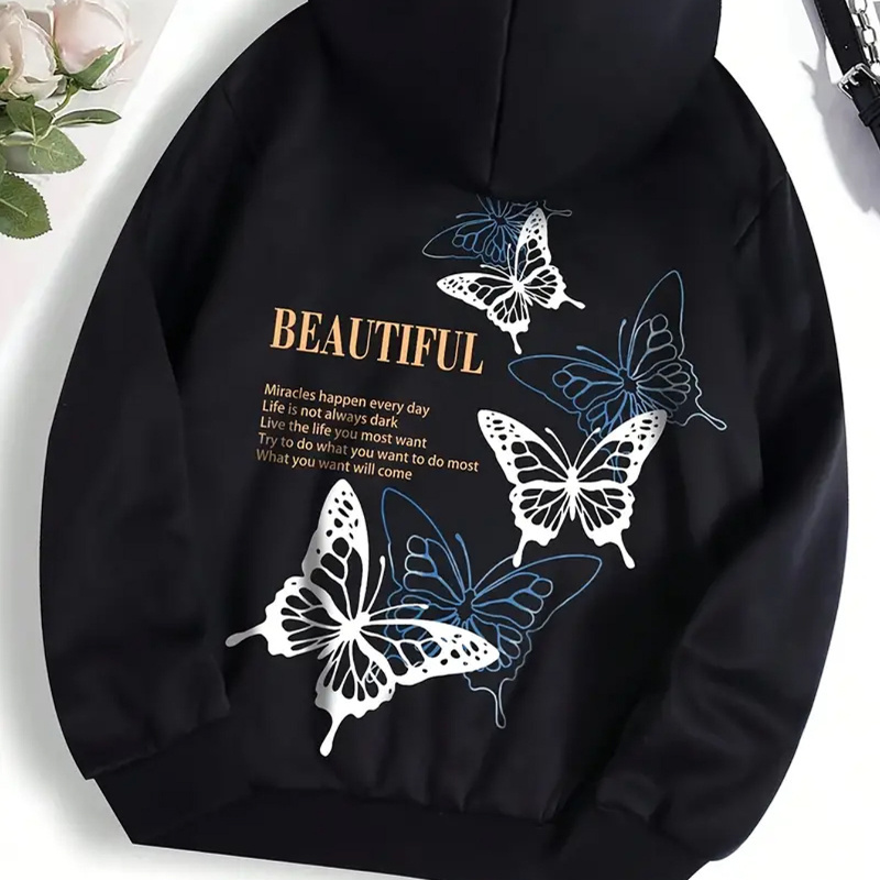 

Women' Hoodie, Black Knitted Pullover With Butterfly And Letter Print, Casual Drawstring Hoodie For Autumn/winter, Polyester Material