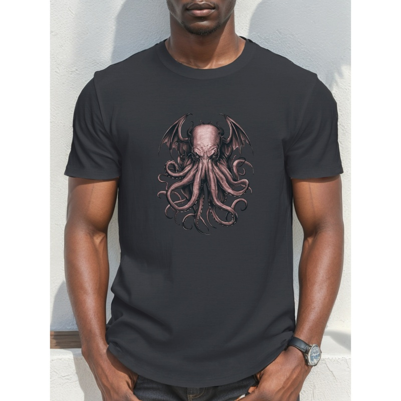 

Chilling Tattoo Design Of Cthulhu Print Men' Comfy Breathable T-shirt, New Casual Round Neck Short Sleeve Tee For Spring Vacation Men's Clothing As Gift