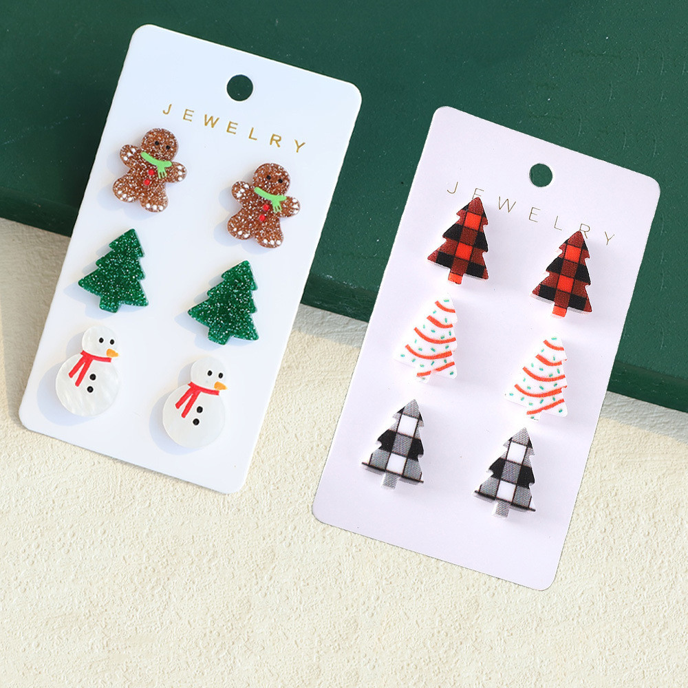 

6 Pairs Christmas Tree, Snowman, Gingerbread Man & Pattern Stud Earrings Set – Cute, Retro, And Gift- Round