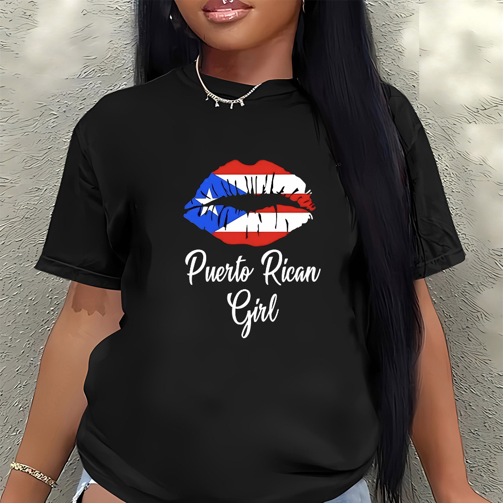 

Puerto Rican Graphic T-shirt - Knit Polyester Spandex , Crew Neck, High Stretch, Breathable Short-sleeve Tee For Women - Fashionable & Comfortable, , Geometric-pattern Top For Spring/summer/fall