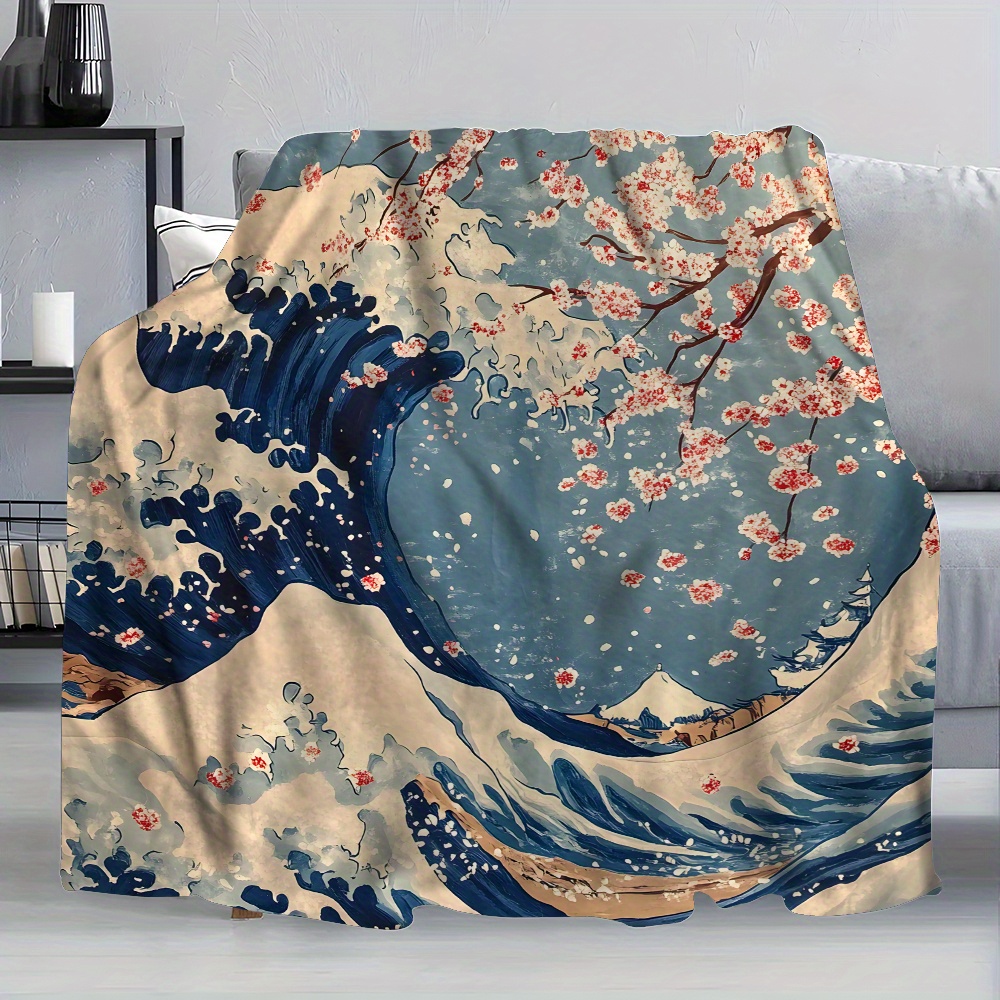 

Vintage Japanese Wave And Cherry Blossom Print Throw Blanket - Lightweight Flannel Fleece, , All Cozy Knit For Sofa, Bed, Travel, Camping, Perfect Gift For