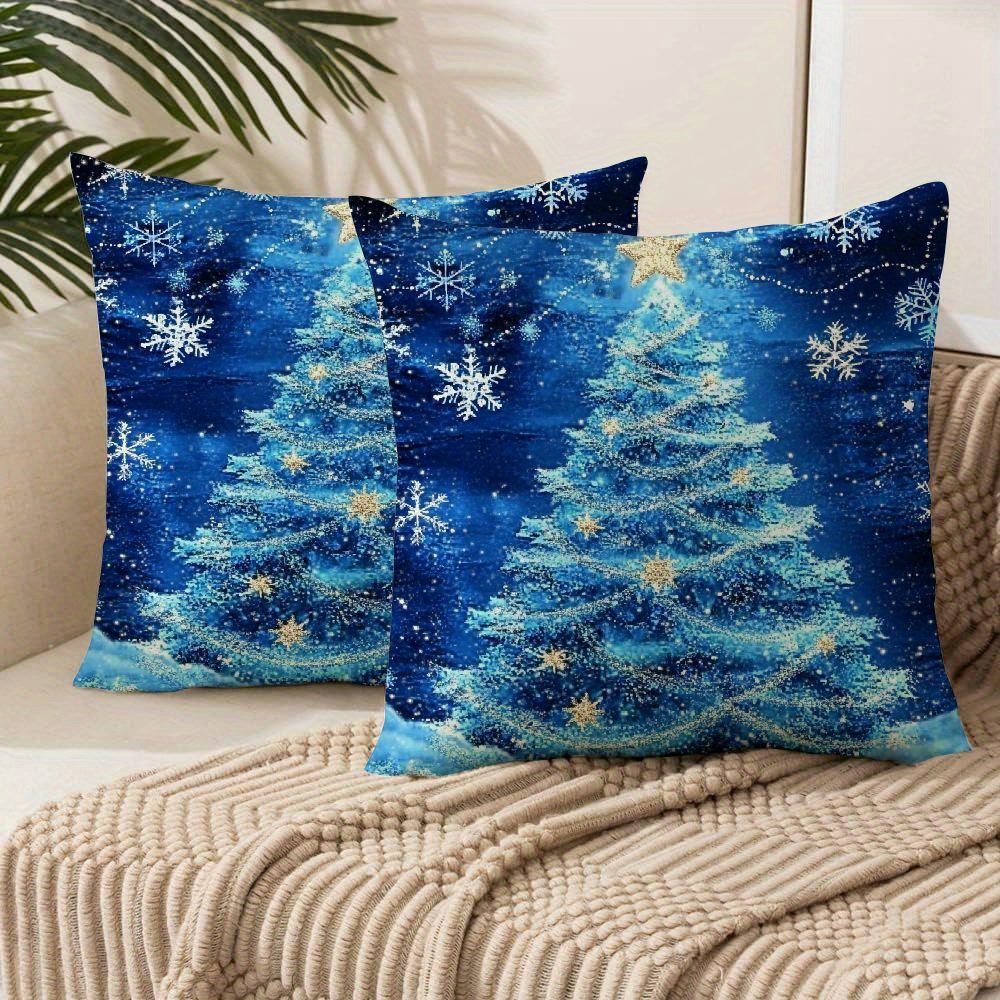 

Set Of 2 Luxury Blue Christmas Tree & Throw Pillow Covers - Soft, Glittery Cushion Cases For Living Room, Bedroom Decor - Machine Washable Polyester
