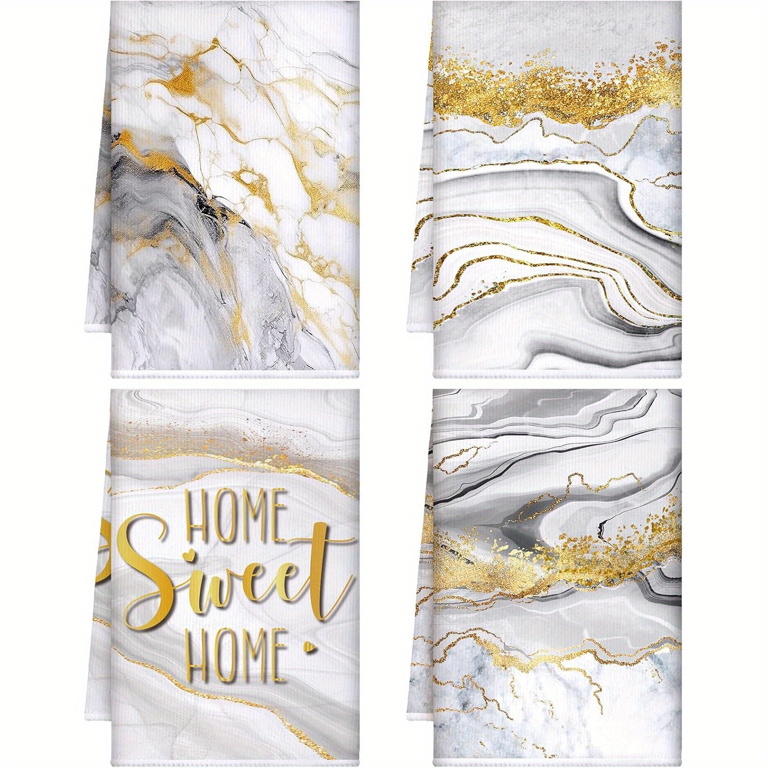 

4pcs Microfiber Kitchen Towels - Marble & Golden , Machine Washable, 18x26 Inches - Drying Hands & Dishes, Style