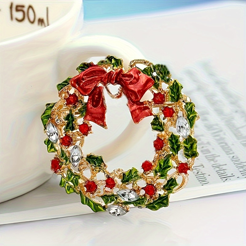 

Elegant Christmas Wreath Brooch Pin With Red Bow - Alloy Jewelry For Women, With Ornaments & Crystals, Ideal For Holiday Parties & , Best For Christmas