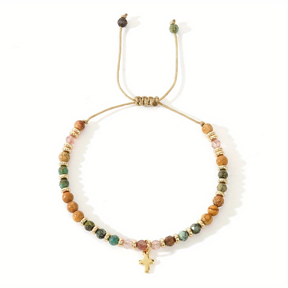 Image of Random Bead Color 1pc Bohemian Style New Gothic Cross Natural Semi-gemstone Bead Women's Bracelet Fashion Versatile