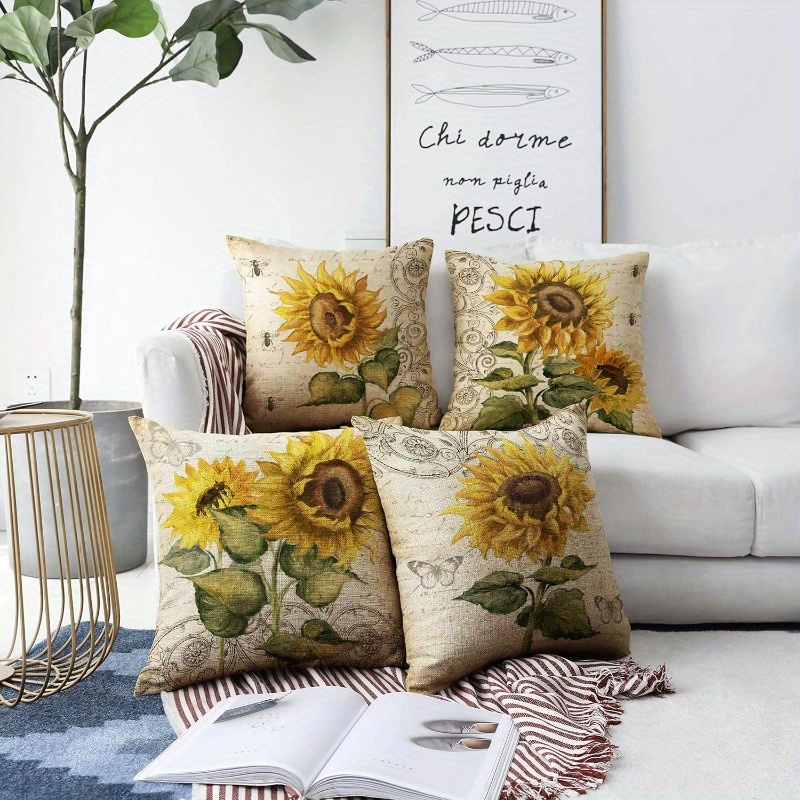 

4pcs Set Vintage Sunflower Linen Throw Pillow Covers, 18x18 Inch - Living Room Sofa & Bed Decor, Zip Closure, Hand Wash Only (inserts Not Included)