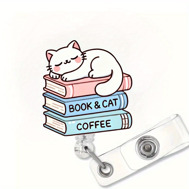 TEMU Cute Cat & Books Medical Id - Retractable Id With Book-themed Pin For Nurses, Doctors, Medical Students - Bookend Name Tag For Hospital,, Office