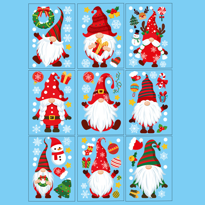 Image of 9sheets/104pcs Reusable Pvc Christmas Window Clings - 9 Sheets Christmas Gnome, Snowman, Reindeer, Santa Claus Window Stickers For Holiday Glass Decorations