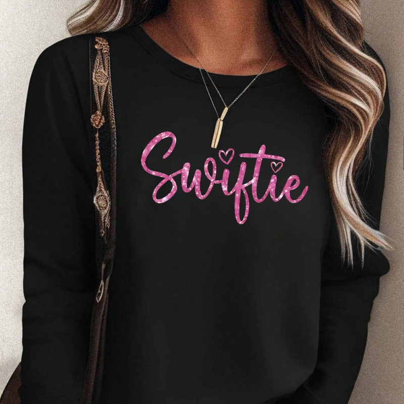 

Women's Casual Crew Neck Long Sleeve Knit T-shirt With "swiftie" Glitter Print, Polyester And Spandex Blend, Slight Stretch Fabric, Alphabet Pattern Top