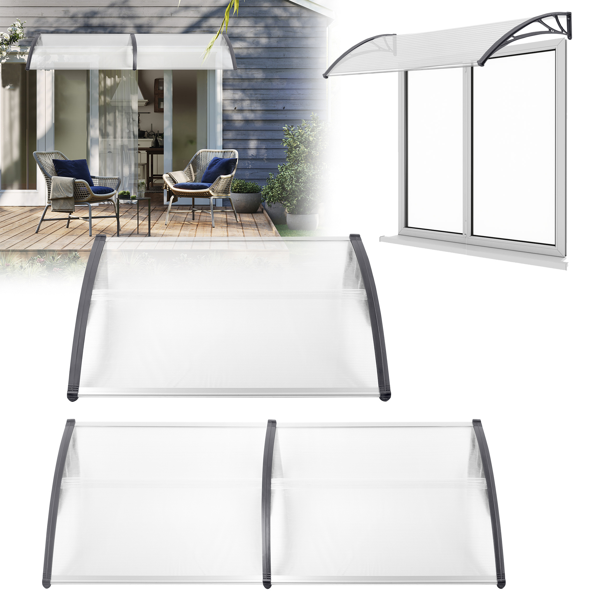 

Front Door 120cm/150cm/200cm/300cm Arch For Front Door Transparent Polycarbonate Door Roof Pent 5 Mm For Outdoor Sun Protection Rain Cover, Grey