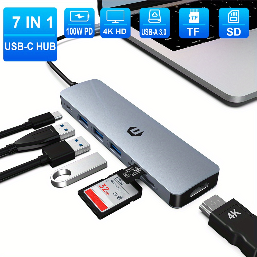 

A 7-in-1 Type-c Usb-c Docking Station That Includes 4k Hdtv, 100w Pd, 3 Usb , And Sd/ Tf Card Reader. Suitable For Macbook/ Windows And Other Usb-c Laptops