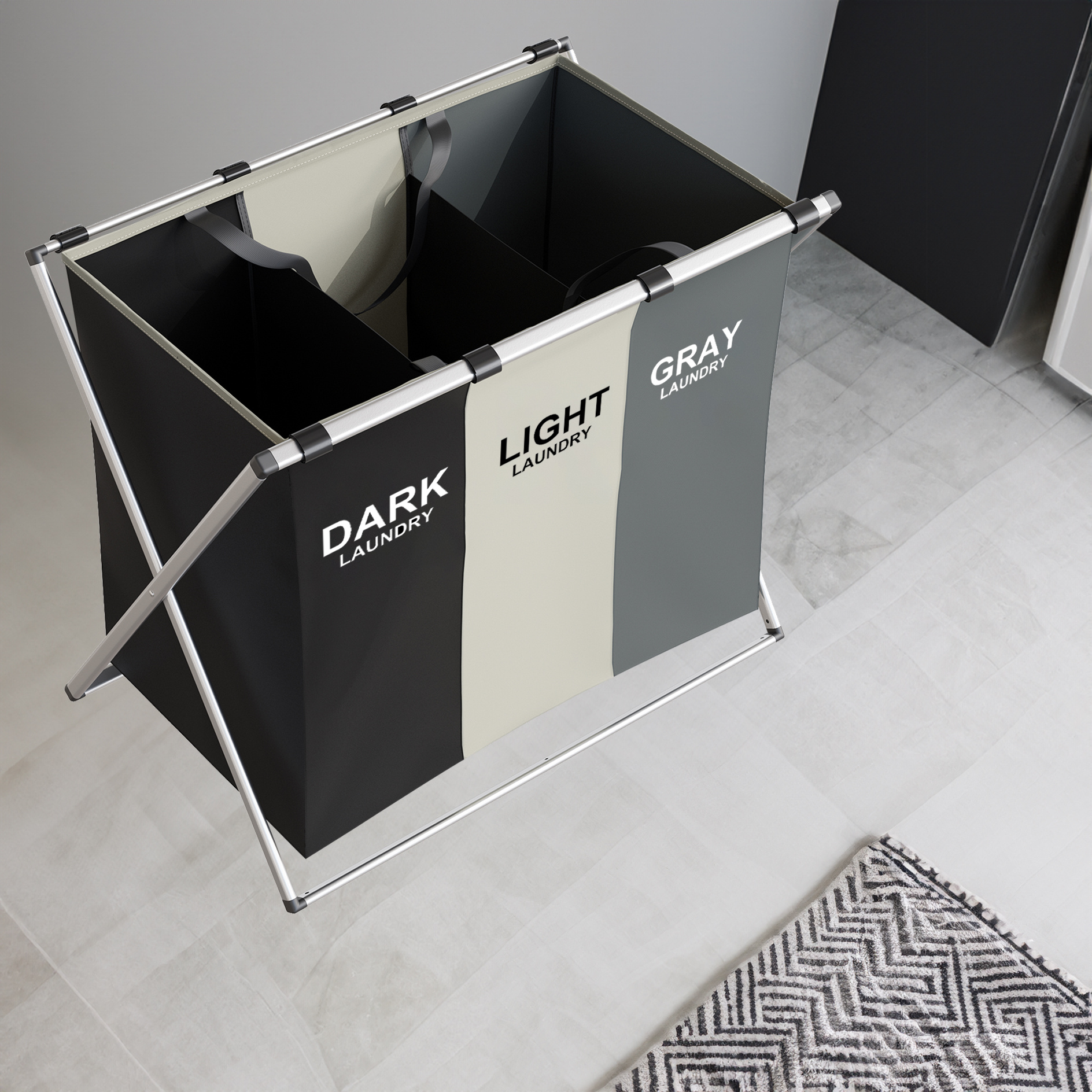 

New - Extra Large 29.5*27*15.7 Inch -compartment Laundry Basket - Sturdy Aluminum Frame, Foldable Design, 3 Fashionable - For Bathroom, Bedroom, And Home Storage