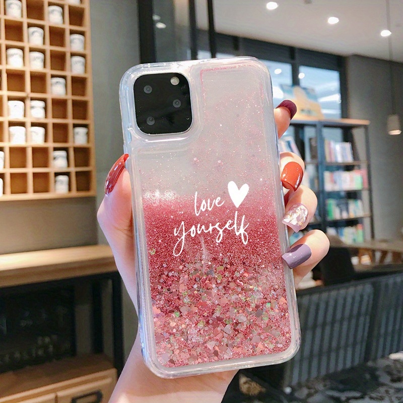 TEMU Phone Case - Positive Energy Text, Love Yourself, Unique Patterns, Sparkling Foil Sequins, Colors Of Flowing Sand Phone Case, Suitable For
