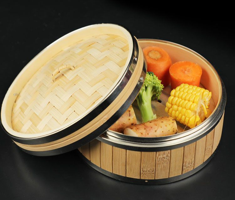 2 tier handmade bamboo steamer with stainless steel lid   dumplings seafood vegetables ideal for   restaurants outdoor camping details 3